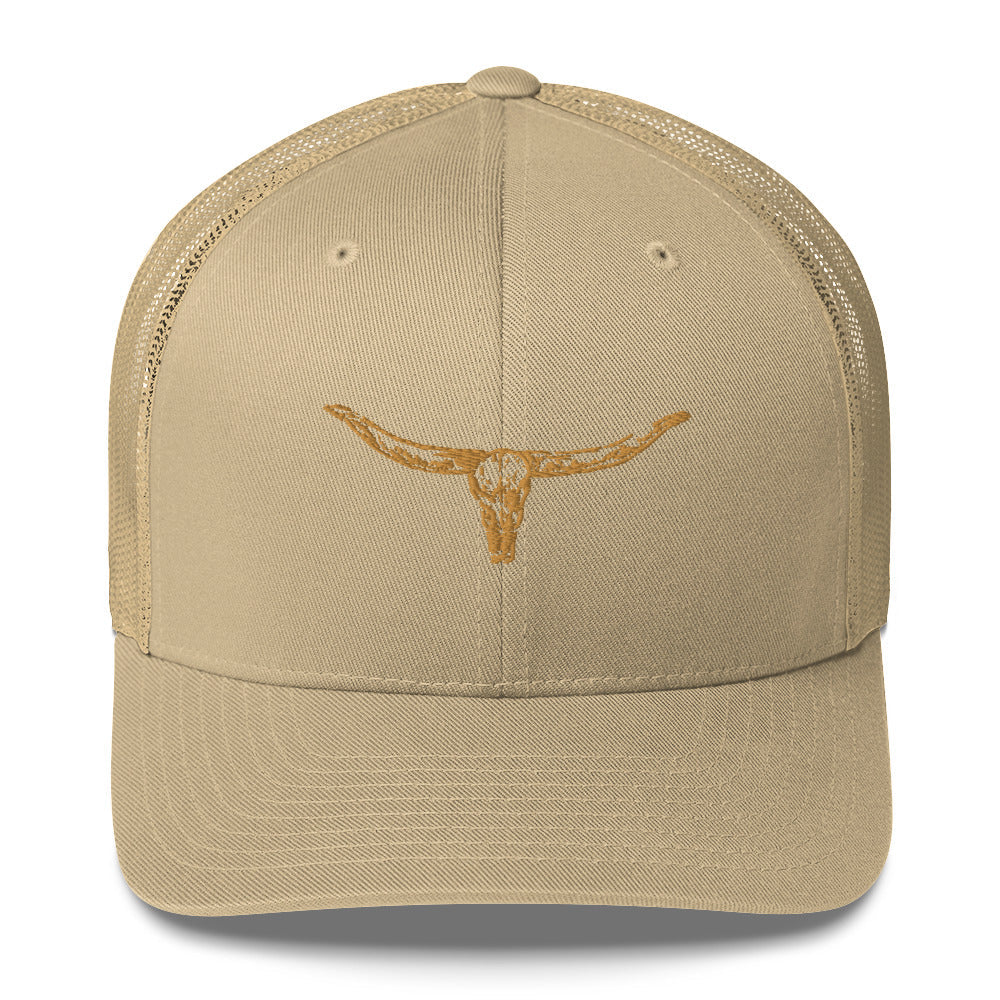 Discover the Sundown Trail Trucker, stylish khaki cap with Longhorn Bull Skull embroidery perfect for outdoor adventures, laid-back Western-inspired looks. Shop now!