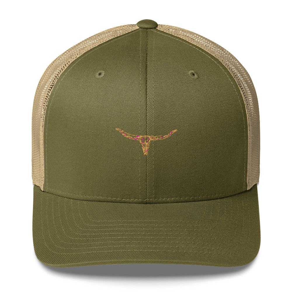 Longhorn Bull Skull Trucker Cap with mesh back and embroidered design.