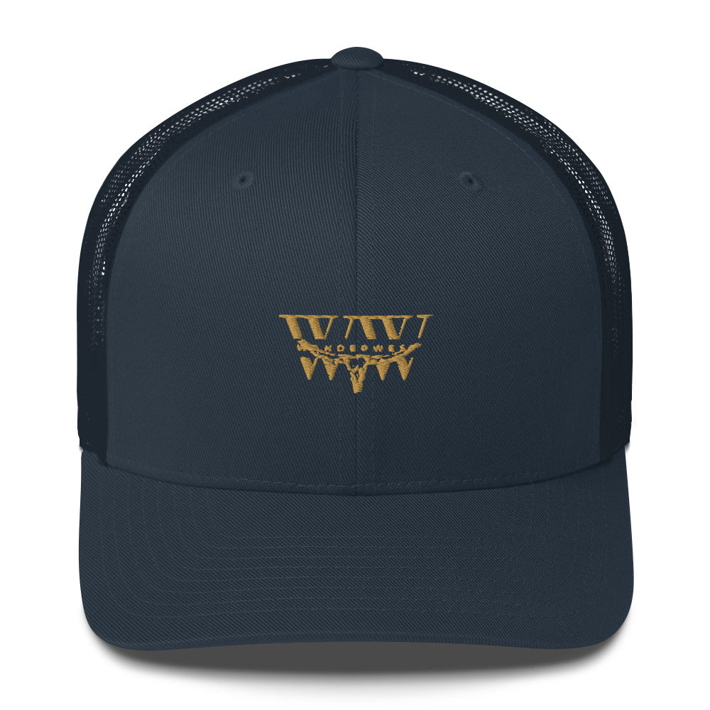 WanderWest Coastal Drift Trucker Hat in Navy — classic country-style mesh-back cap with embroidered front logo, displayed on a plain background.