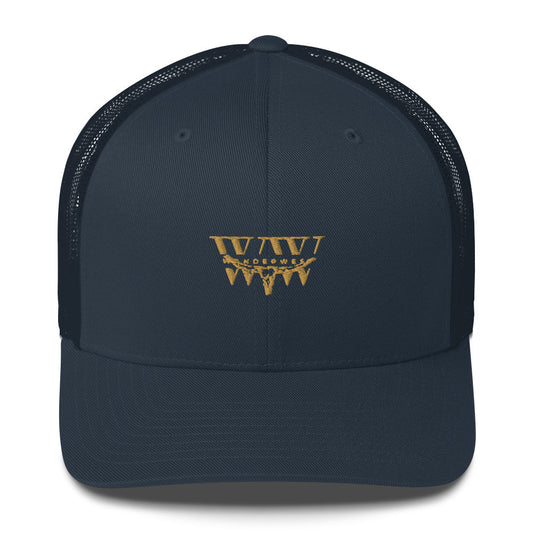 WanderWest Coastal Drift Trucker Hat in Navy — classic country-style mesh-back cap with embroidered front logo, displayed on a plain background.