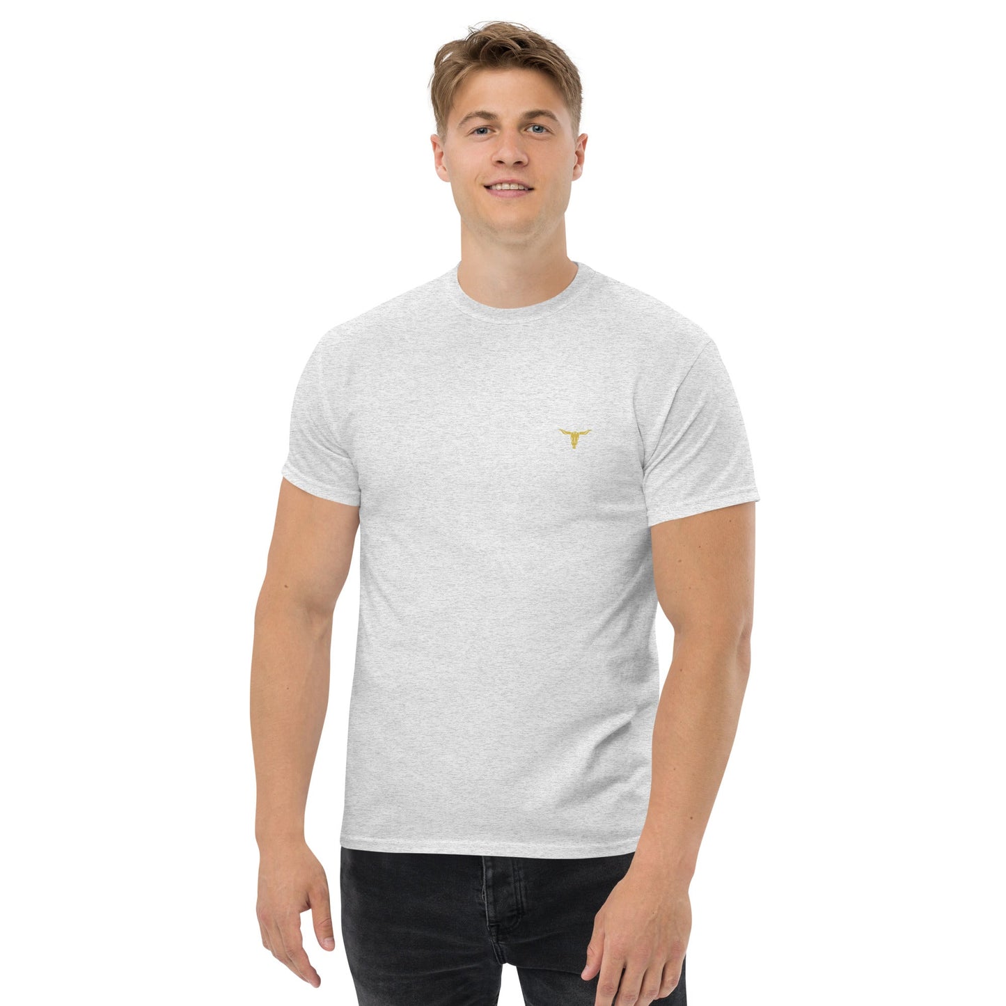 Man wearing grey Bull Horn unisex classic cotton tee with small bull horn logo on chest