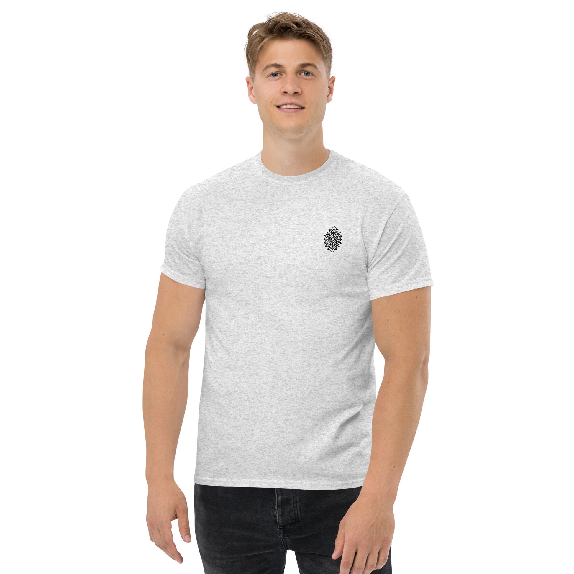 Manadala Unisex classic tee in light grey, featuring a small black design on the chest, perfect for a structured, trendy look.