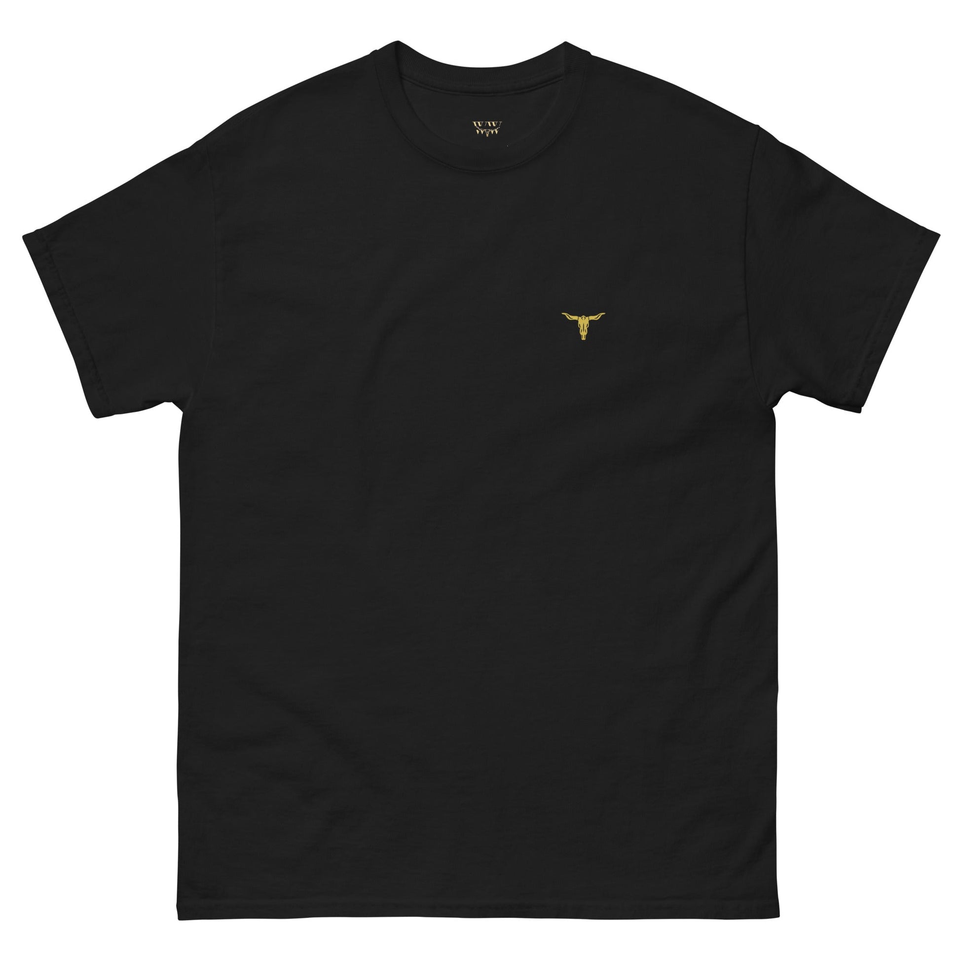 Black unisex classic cotton tee with small gold bull horn logo on chest