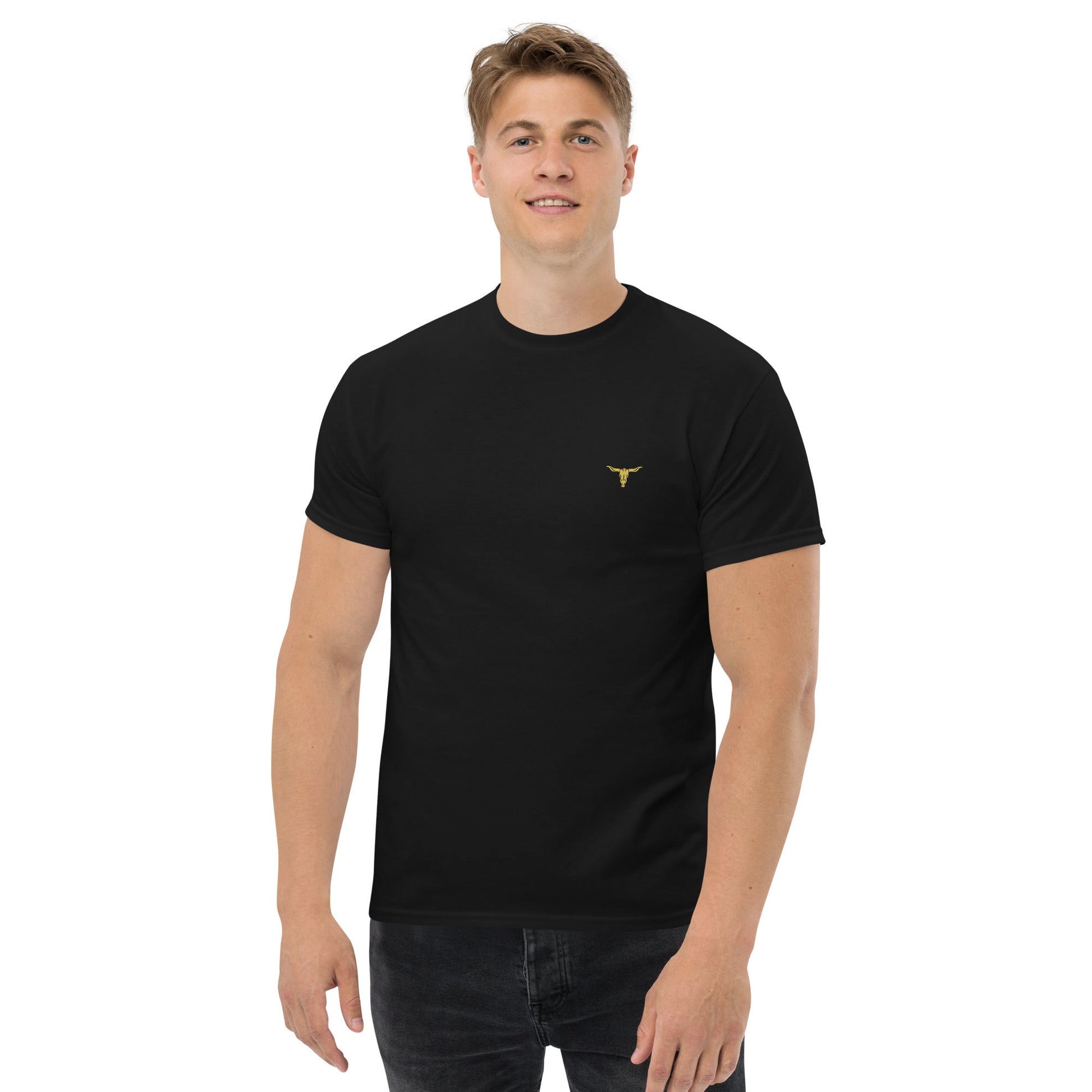 Man wearing black Bull Horn unisex classic cotton tee with small bull horn logo on chest