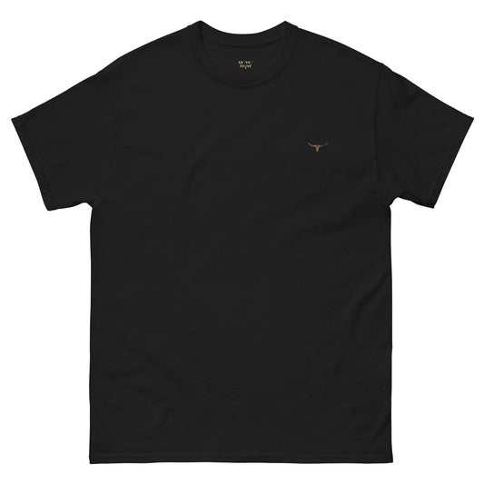 Unisex classic tee with embroidered long horn skull design, black, 100% cotton.