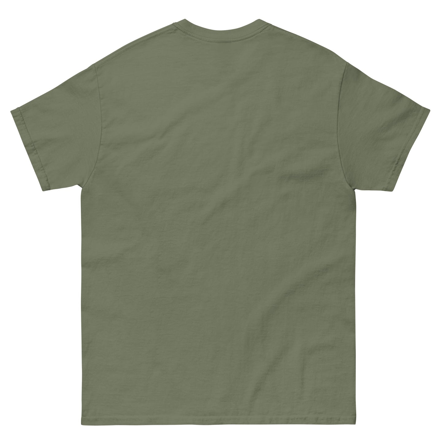 Back view of olive green Bull Horn Unisex classic tee made of 100% cotton with short sleeves and a crew neck.