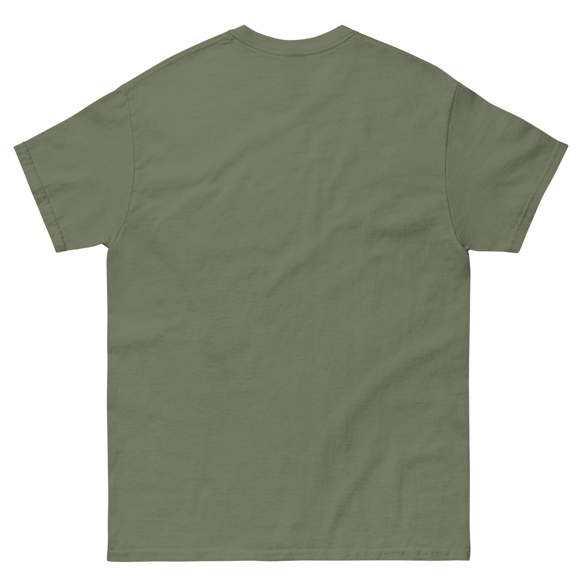 Back view of olive green Bull Horn Unisex classic tee made of 100% cotton with short sleeves and a crew neck.