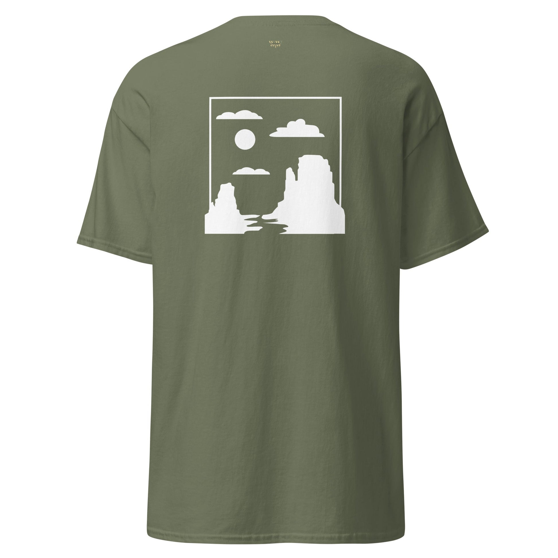 Monument Valley Unisex classic tee in olive green with white desert landscape graphic.