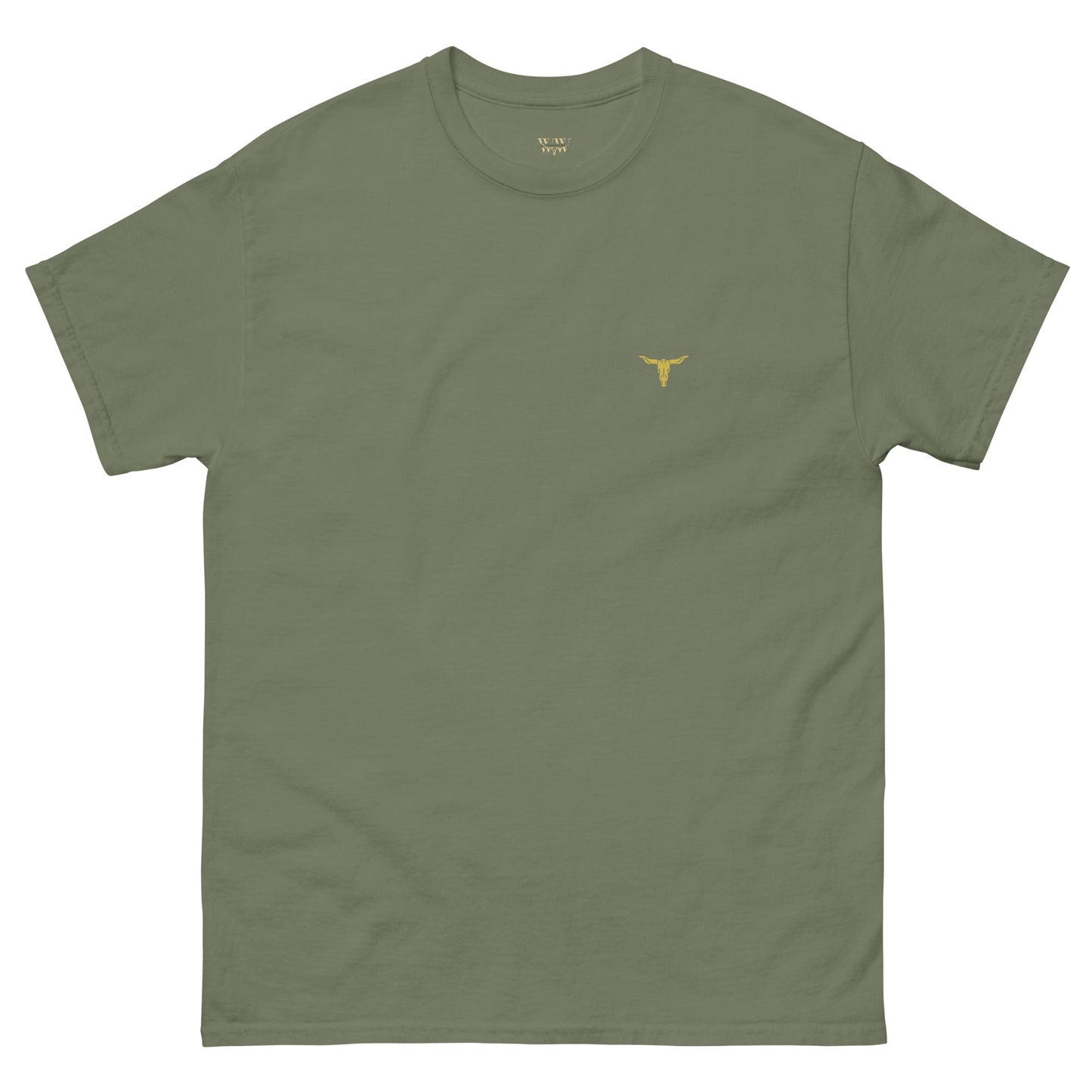 Bull Horn unisex classic tee in olive green with small yellow bull horn logo on chest, 100% cotton short sleeve shirt.