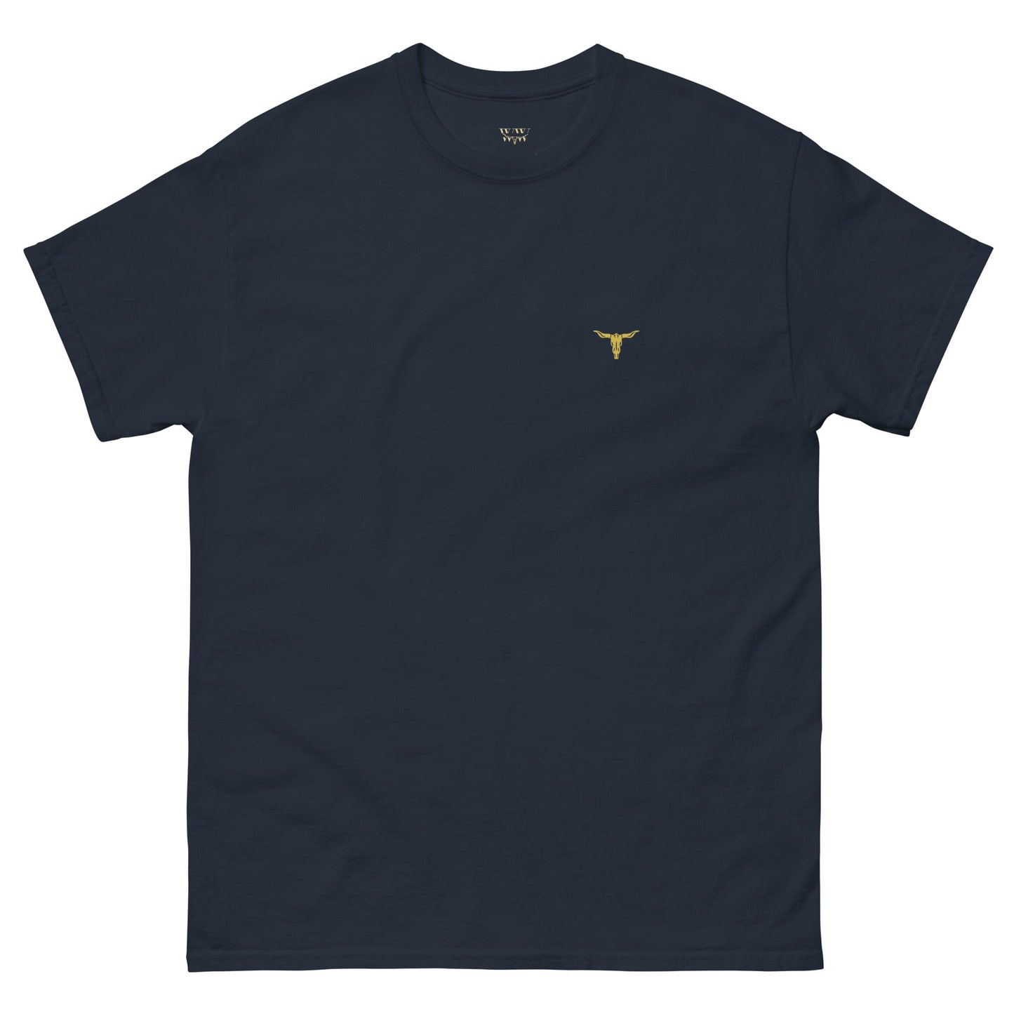 Navy Bull Horn Unisex classic tee made of 100% cotton with a small yellow bull horn logo on the chest.