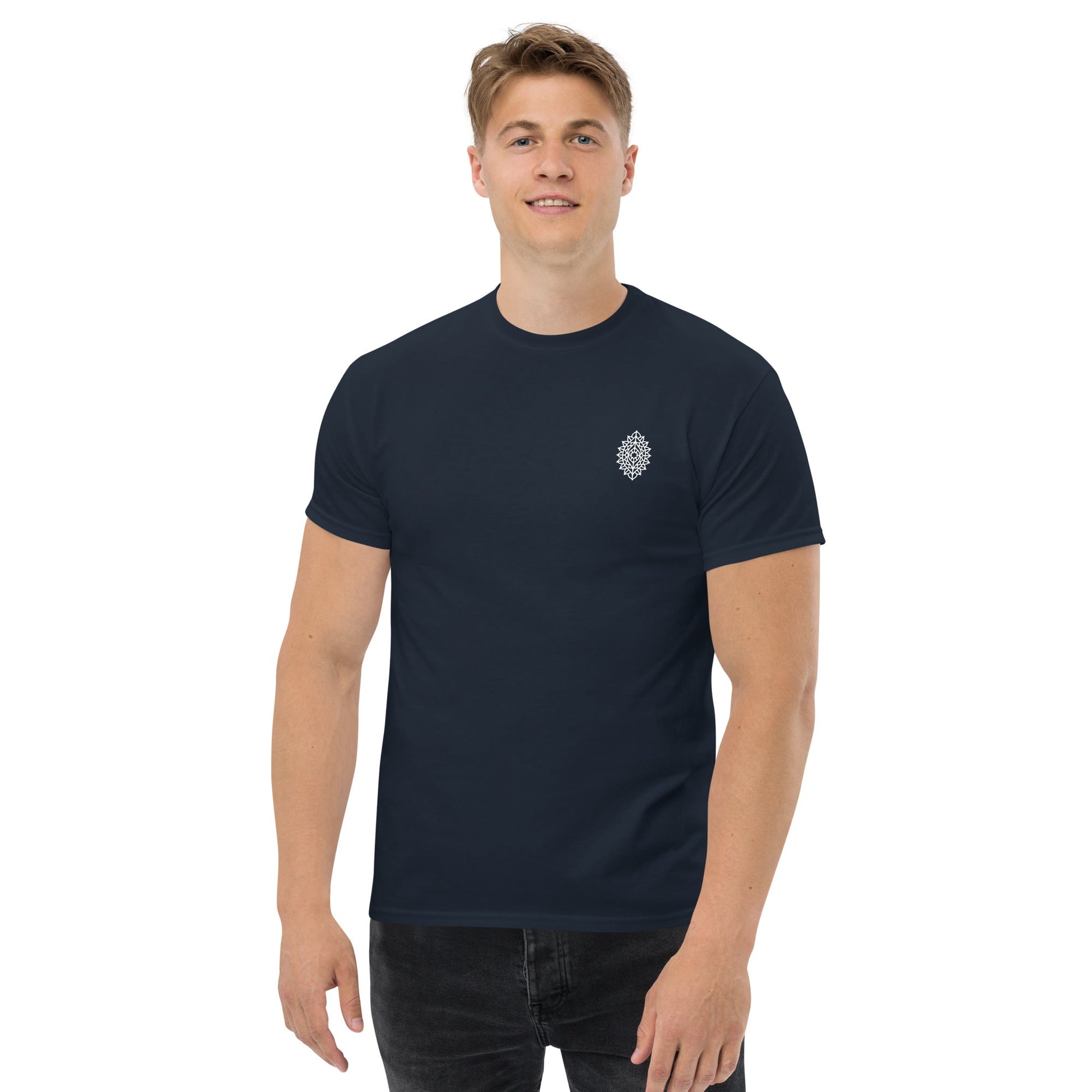 Mandala Unisex classic tee in navy blue with a subtle mandala design, made from soft 100% cotton for a structured streetwear look.