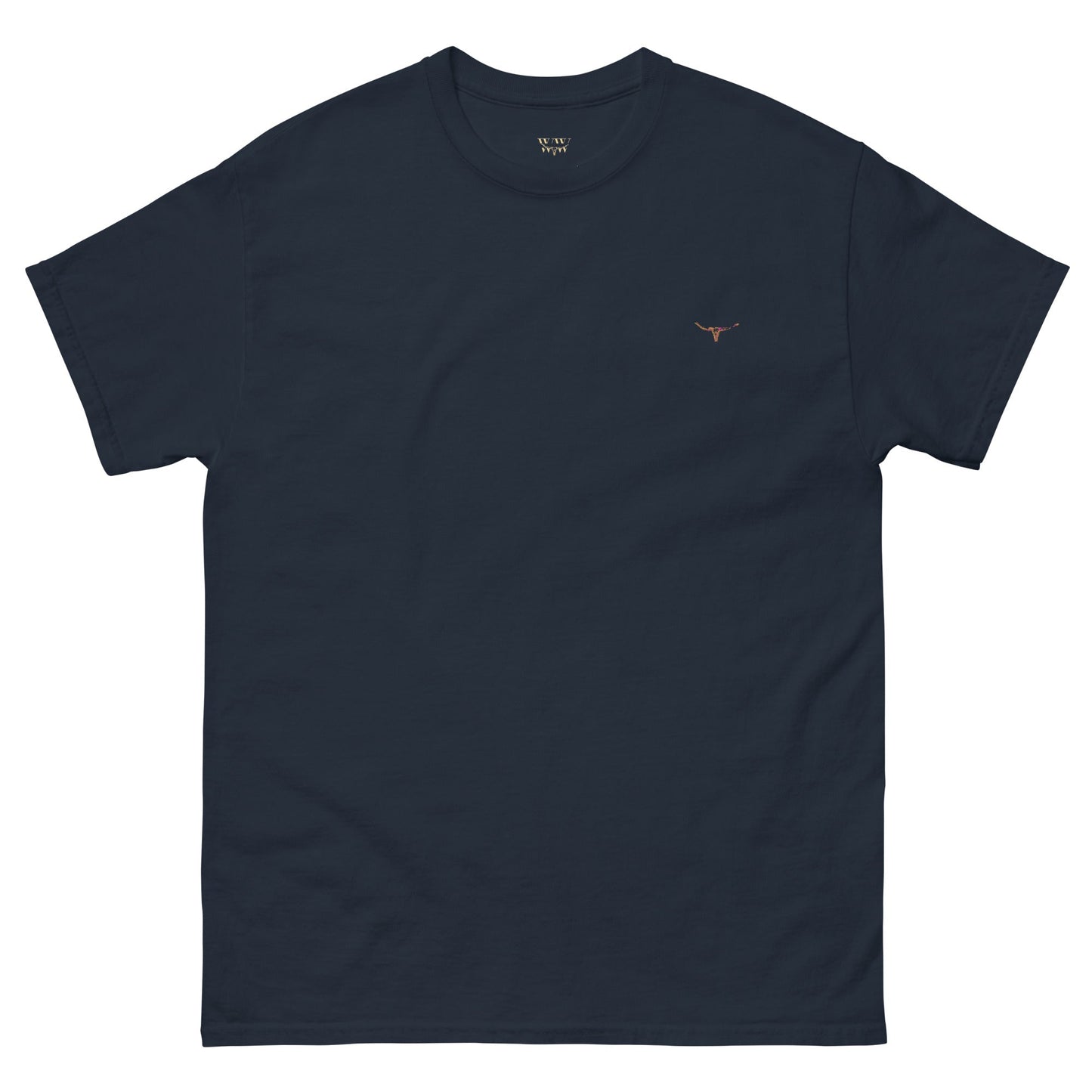 The Longhorn Bull Skull deepwater navy tee, soft 100% cotton, perfect for coastal walks, layered outfits. Made on demand for thoughtful eco-friendly fashion.