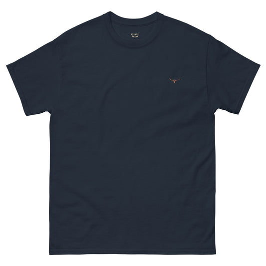 The Longhorn Bull Skull deepwater navy tee, soft 100% cotton, perfect for coastal walks, layered outfits. Made on demand for thoughtful eco-friendly fashion.