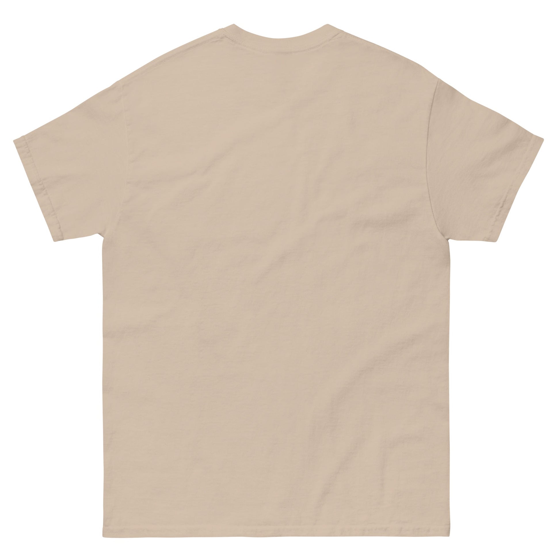 Back view of the WanderWest Longhorn Bull Skull Desert Drift T-shirt in Sand — plain sand-colored country-style tee, displayed on a clean background.