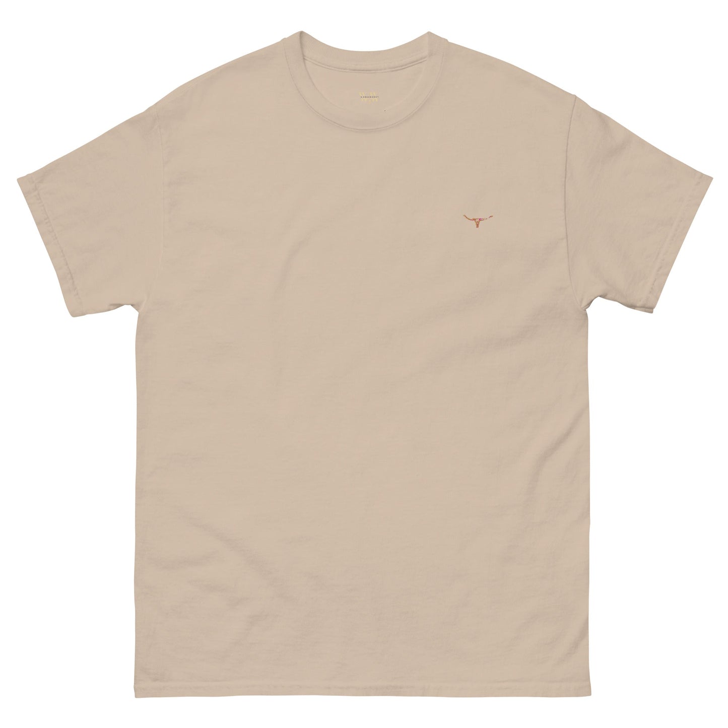 Front view of the WanderWest Longhorn Bull Skull Desert Drift T-shirt in Sand — country-style tee featuring an embroidered bull skull design and branded logo, displayed on a plain background.
