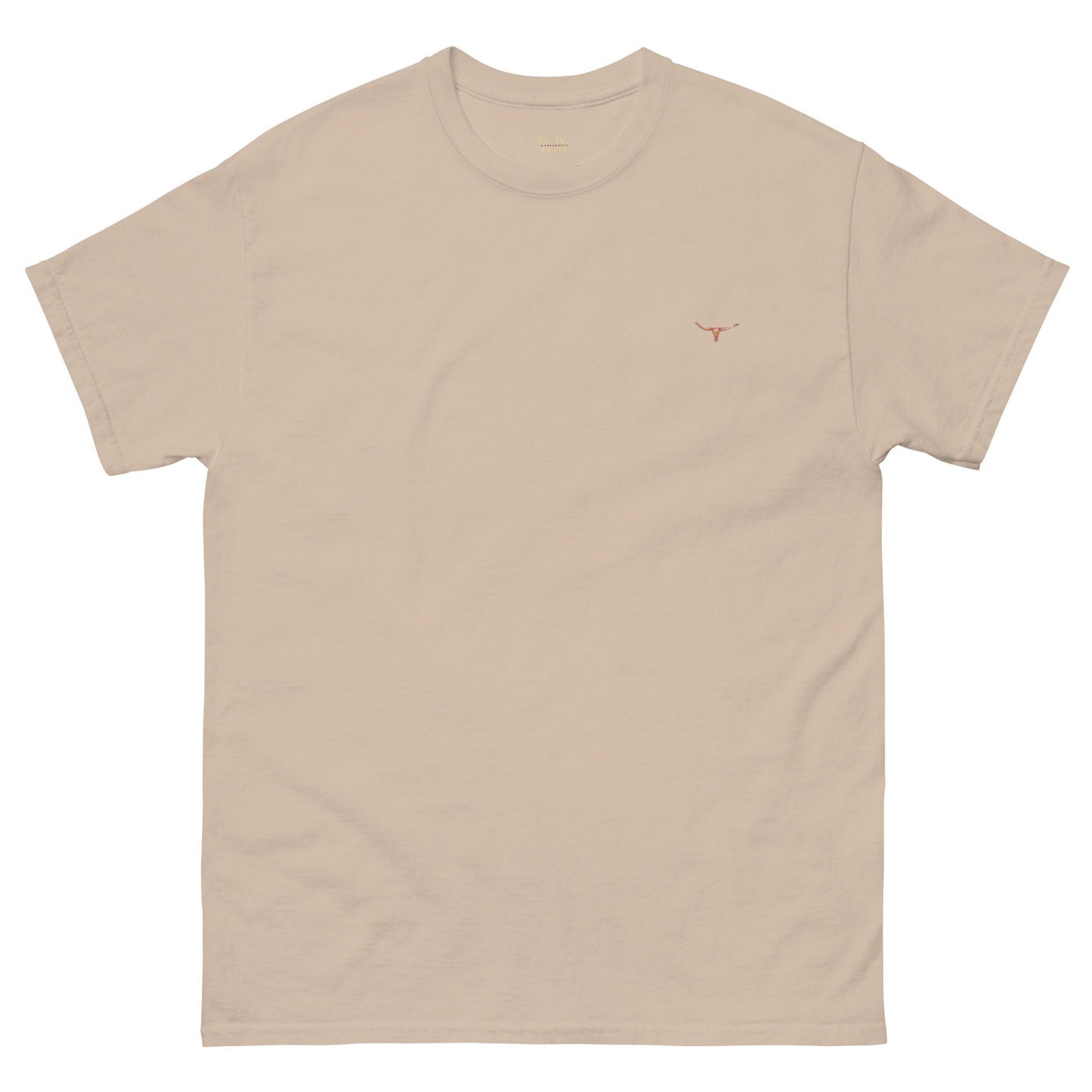 Front view of the WanderWest Longhorn Bull Skull Desert Drift T-shirt in Sand — country-style tee featuring an embroidered bull skull design and branded logo, displayed on a plain background.