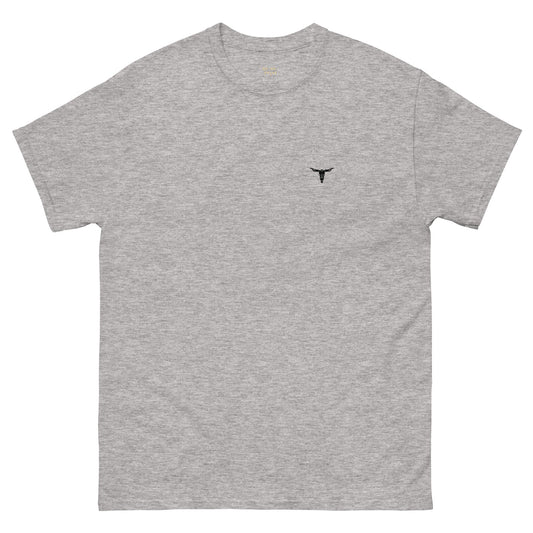 Bull Skull Unisex classic grey tee with subtle bull skull design, 100% cotton.