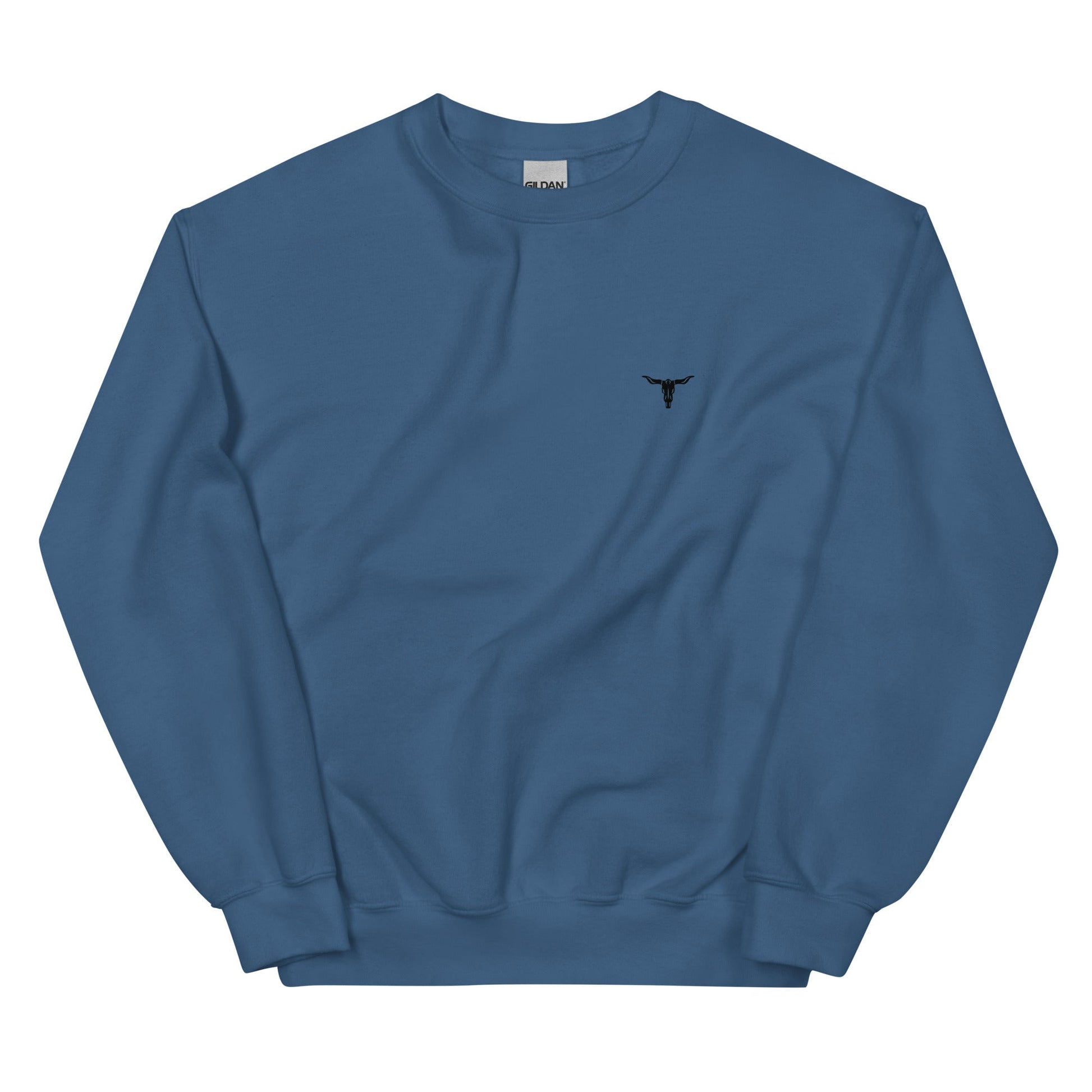 Blue Bull Skull unisex sweatshirt with classic fit and small black bull skull logo on chest