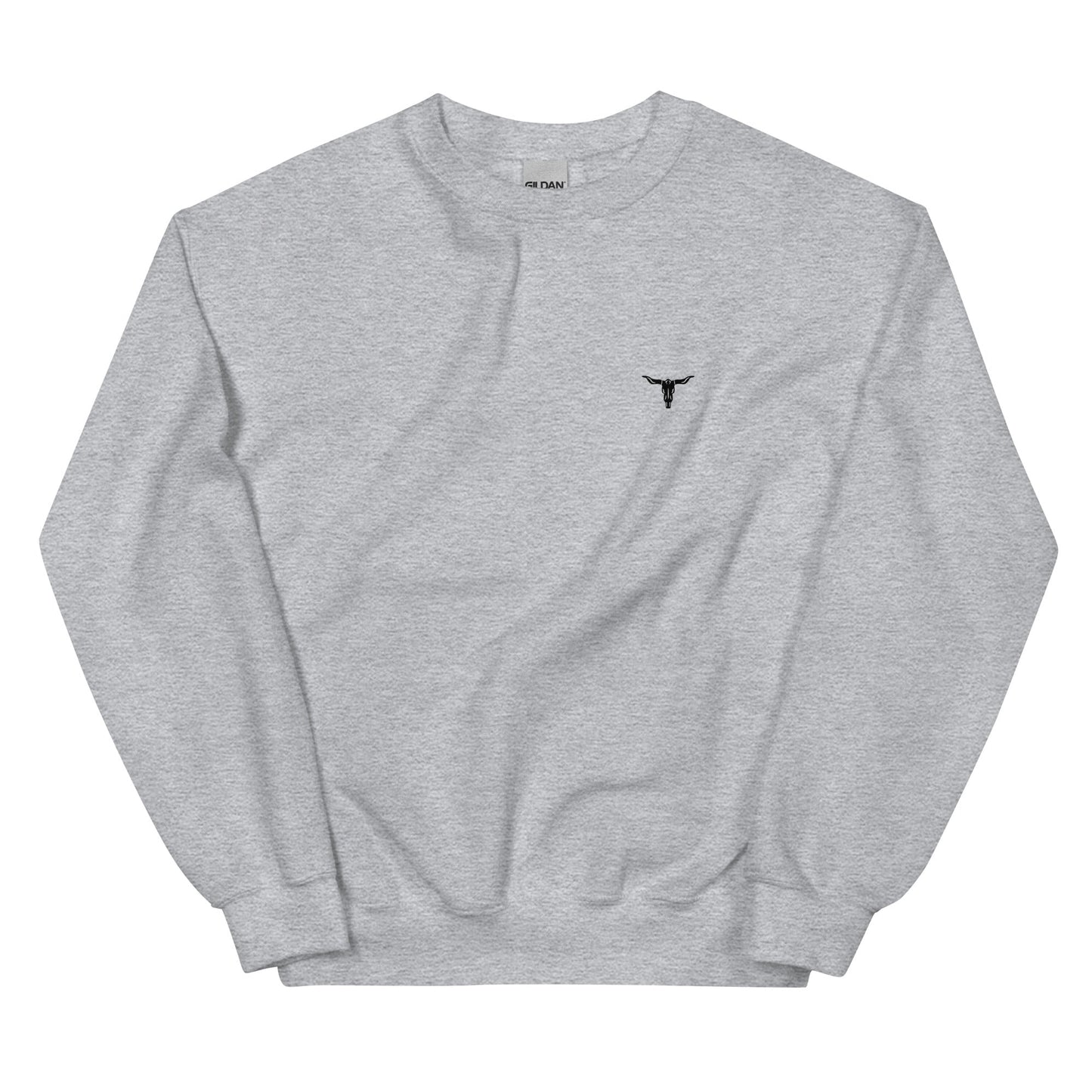 Bull Skull Unisex Sweatshirt in gray, soft and warm, classic fit, embroidered design.