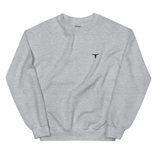 Bull Skull Unisex Sweatshirt in gray, soft and warm, classic fit, embroidered design.