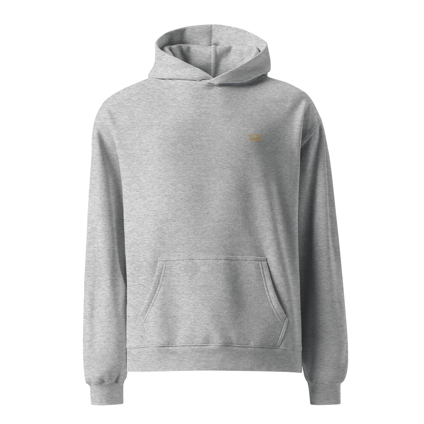 Gray oversized unisex hoodie with WanderWest logo embroidery, kangaroo pocket, and ribbed cuffs made of soft cotton and