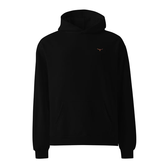 Unisex oversized hoodie with long horn skull embroidery, features kangaroo pocket and lined hood.