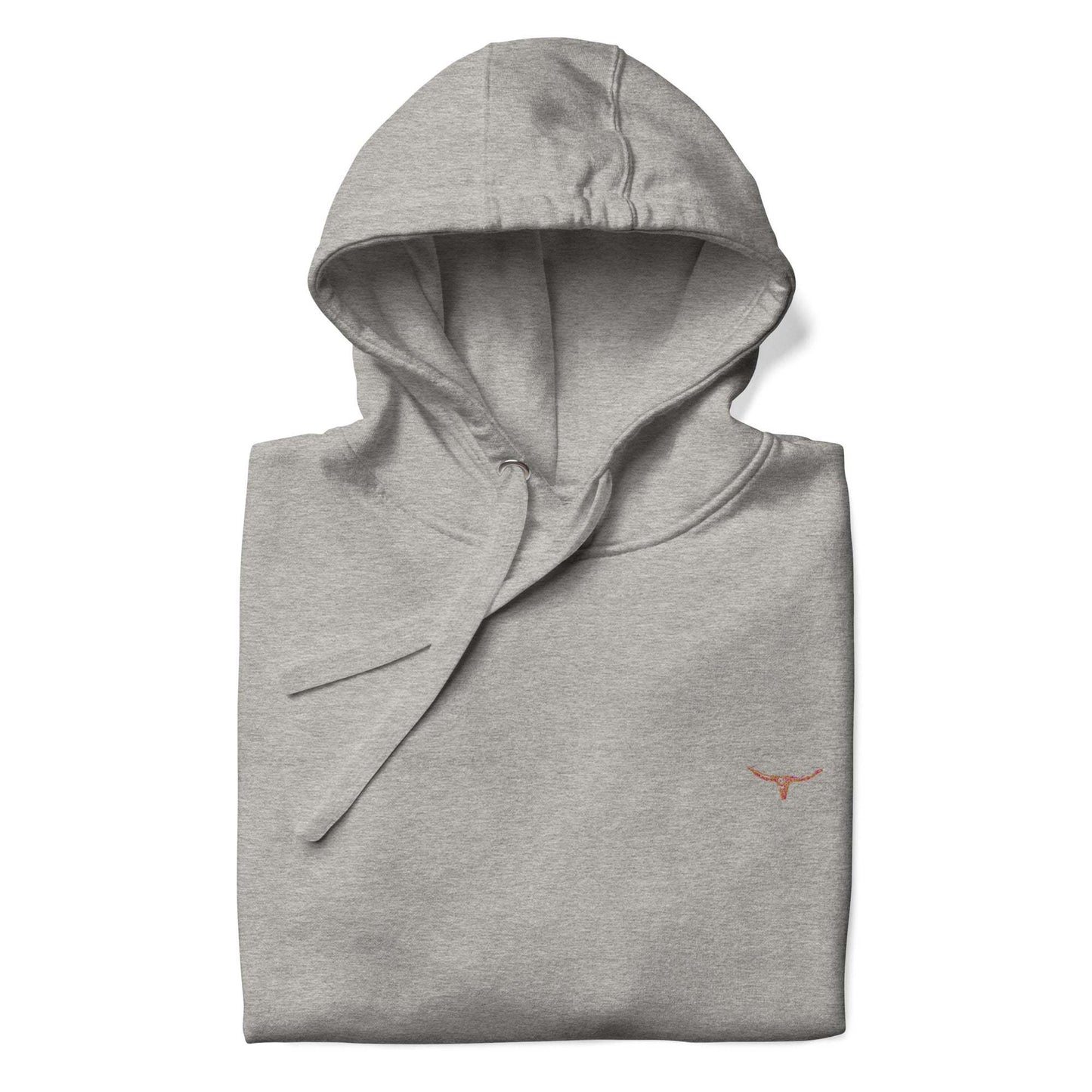 Long Horn Skull Embroidered Unisex Hoodie in gray with drawstrings and pouch pocket.