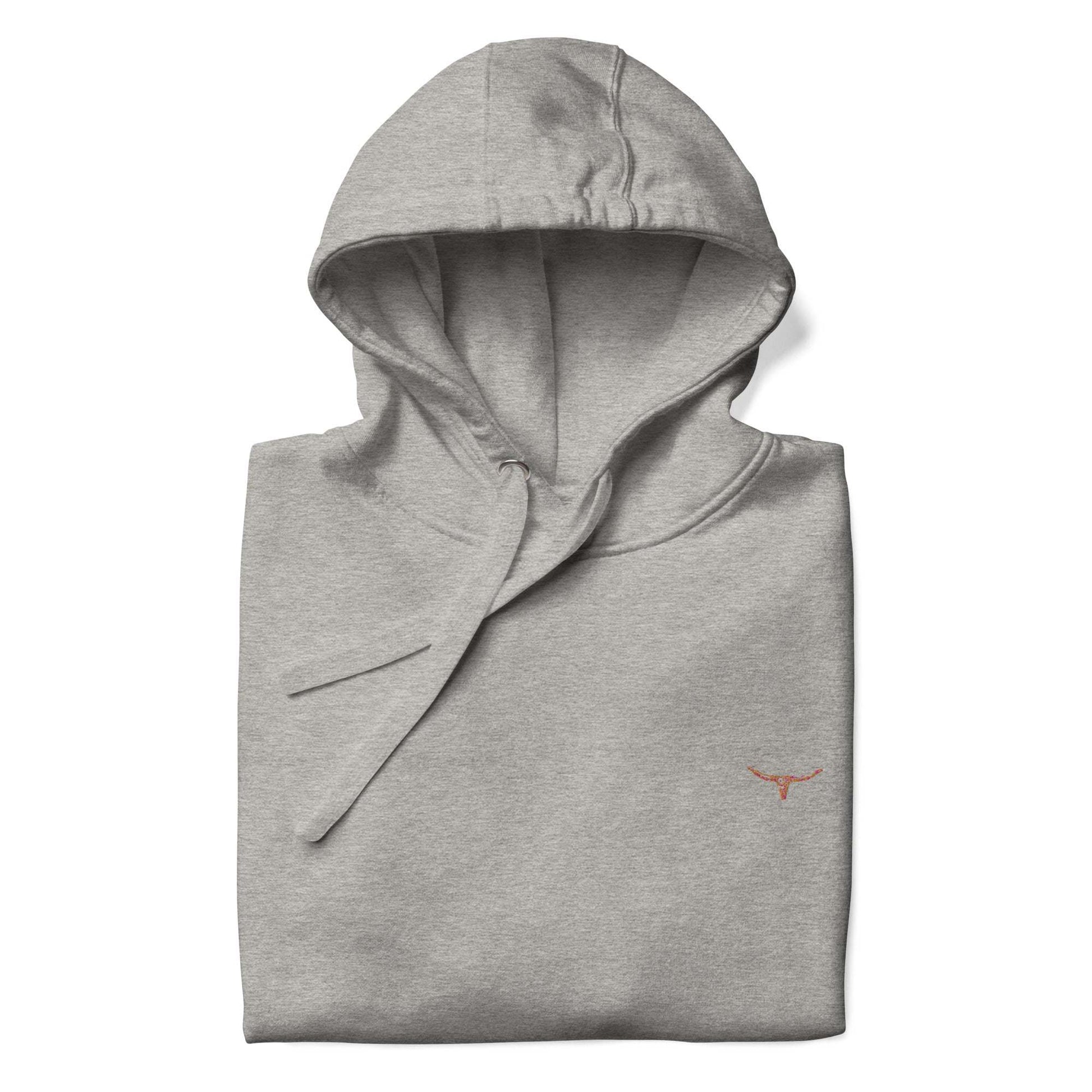 Long Horn Skull Embroidered Unisex Hoodie in gray with drawstrings and pouch pocket.