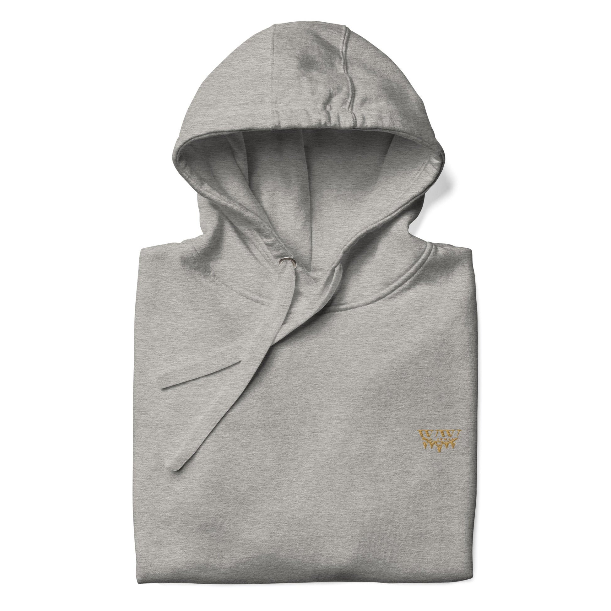 Grey WanderWest logo embroidered unisex hoodie with front pouch pocket and drawstring hood