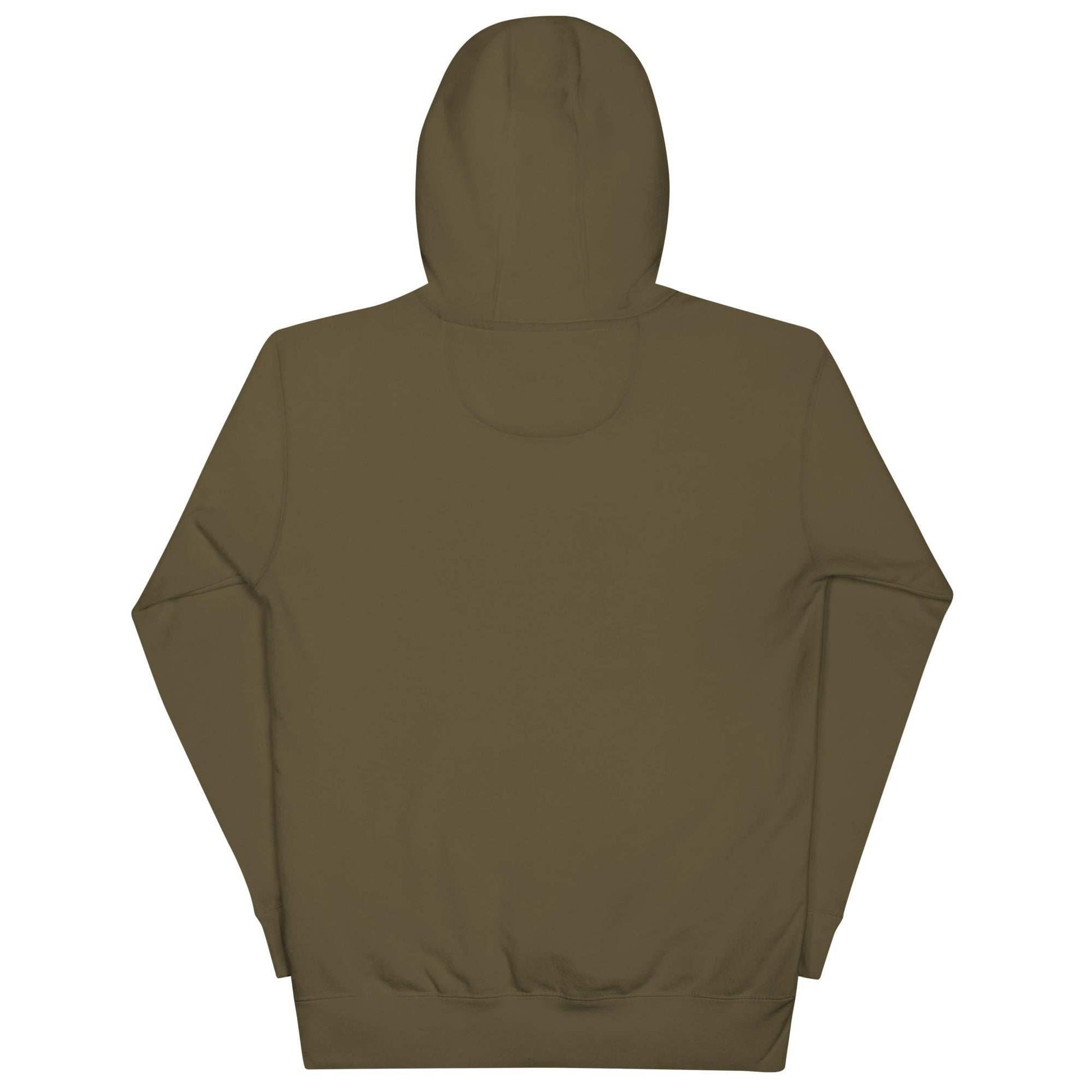 Back view of WanderWest Logo Embroidered Hoodie Unisex in olive green with hood and long sleeves