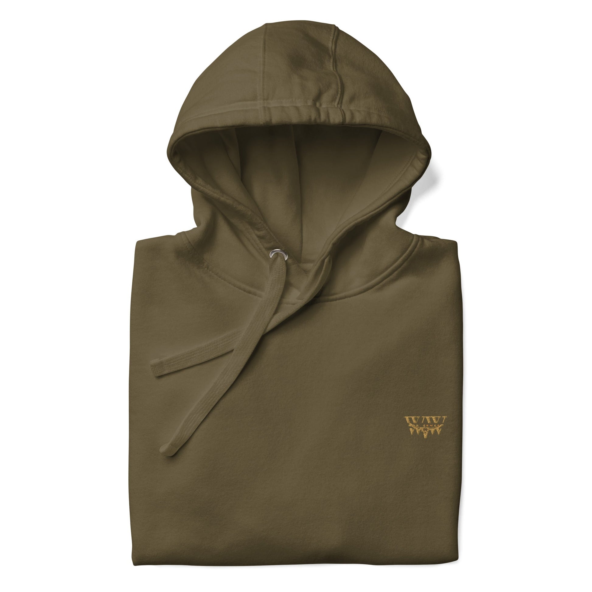 Folded olive green WanderWest logo embroidered hoodie with drawstrings and front pouch pocket