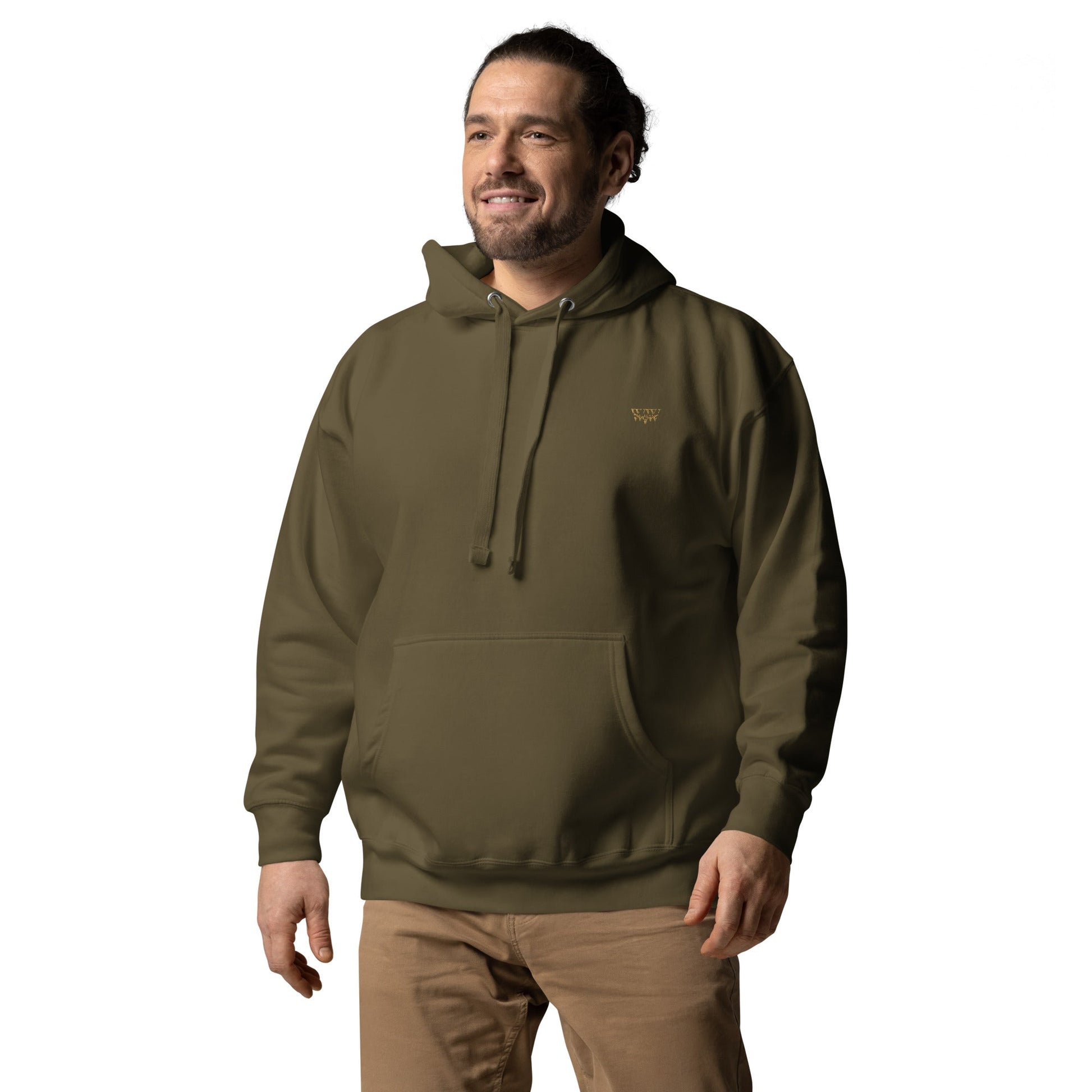 Man wearing olive green WanderWest Logo Embroidered Hoodie with front pouch pocket and drawstrings