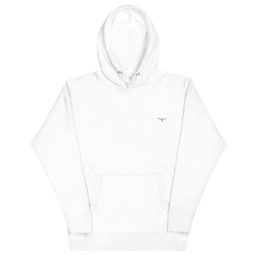 White unisex hoodie with embroidered long horn skull design and front pouch pocket.