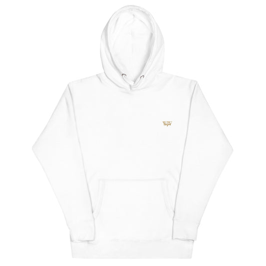 Unisex white hoodie with WanderWest logo embroidery, soft cotton blend, and pouch pocket.