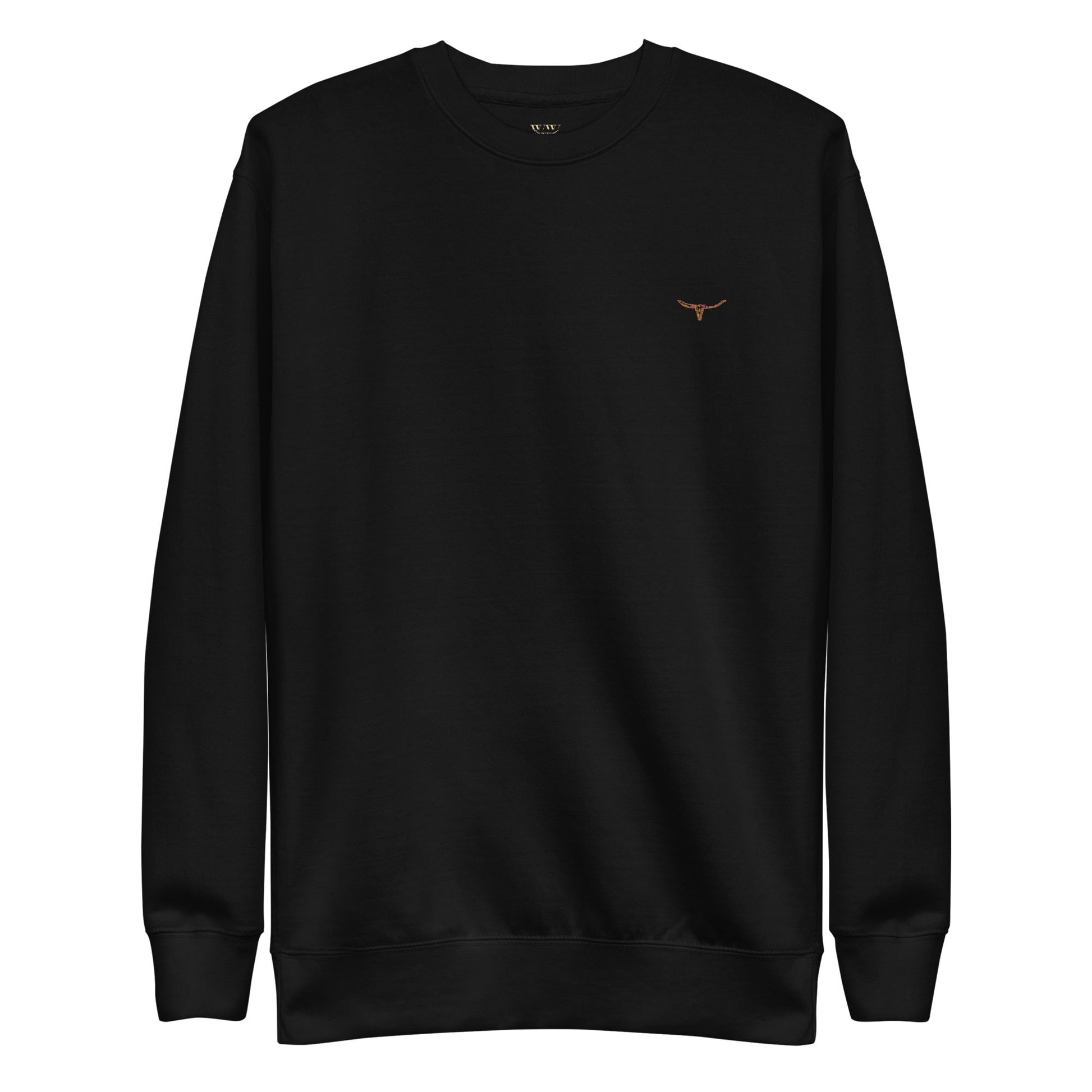 Black unisex premium sweatshirt with long horn skull embroidered on chest, ribbed crew neck and cuffs, soft fleece interior, and flat hem.