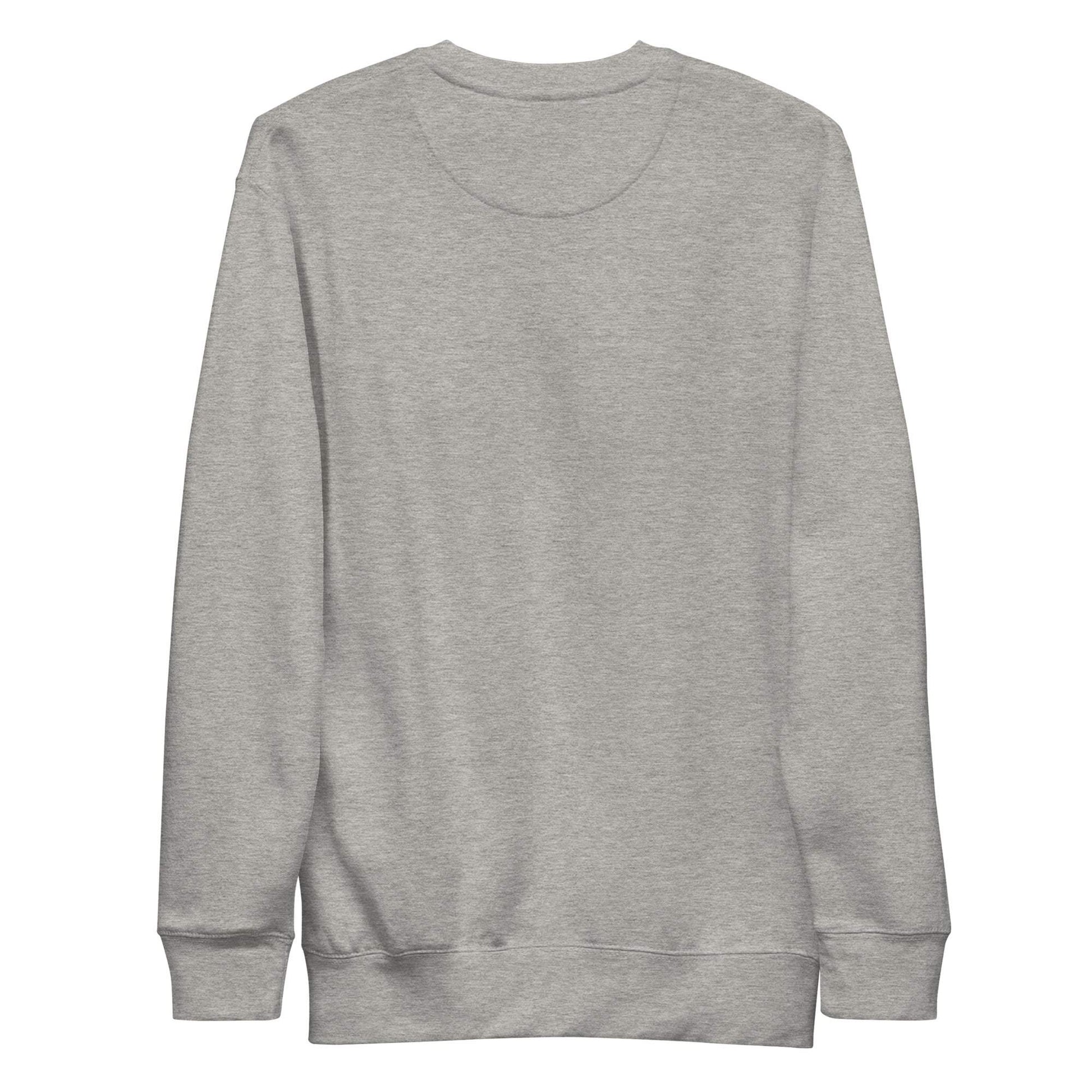 Unisex charcoal heather sweatshirt with long horn skull embroidered design, ribbed crew neck, cuffs, and flat hem, made from soft cotton blend fleece.