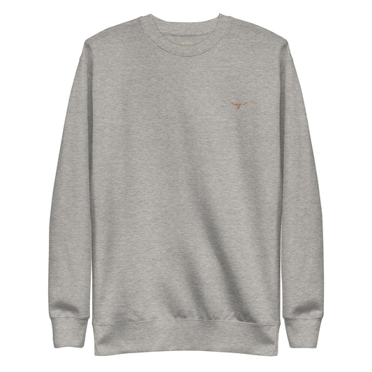 Unisex charcoal sweatshirt with long horn skull embroidered on chest, ribbed crew neck, cuffs, and hem, made from soft cotton blend fleece