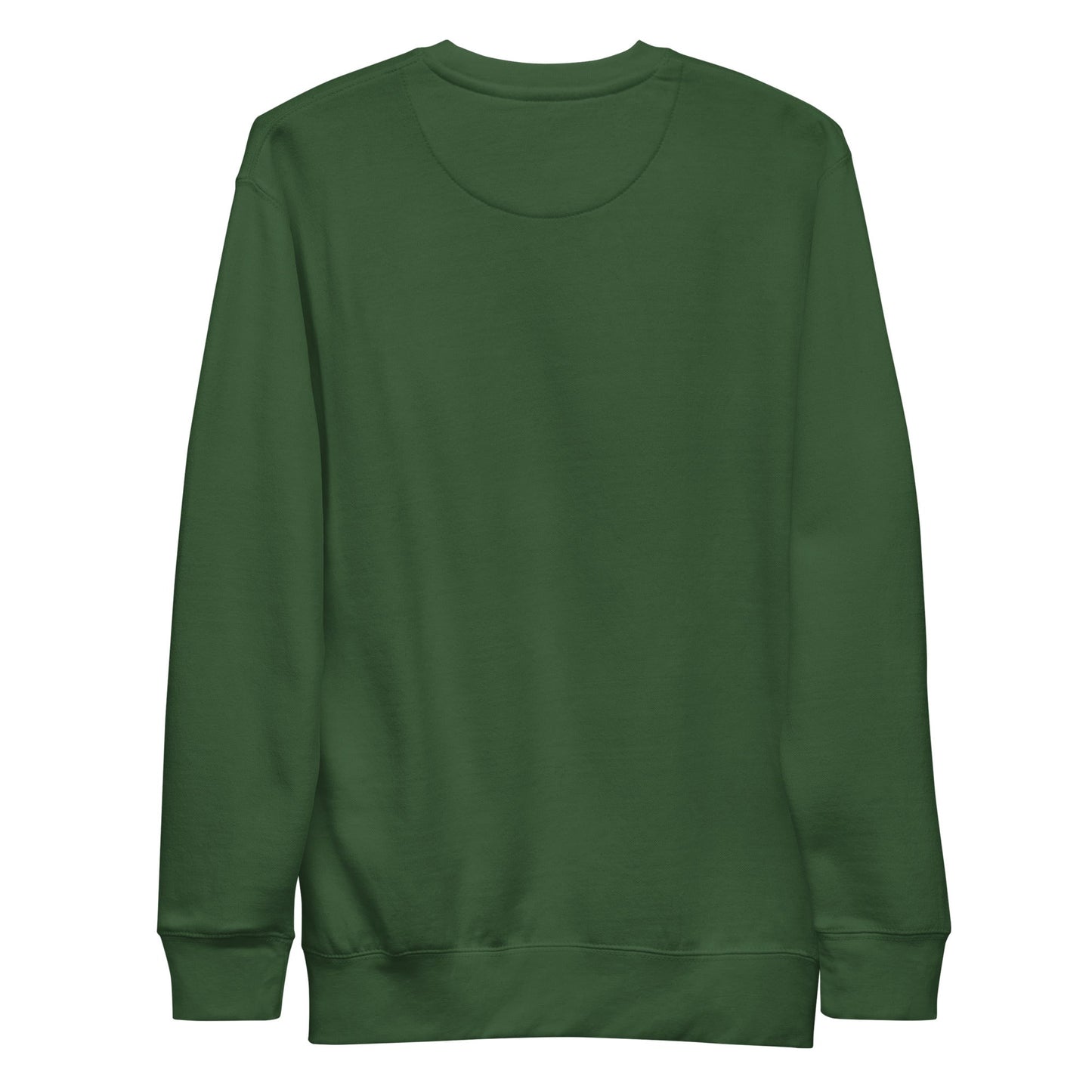 Green unisex premium sweatshirt with ribbed crew neck and cuffs, featuring Long Horn Skull embroidered design.