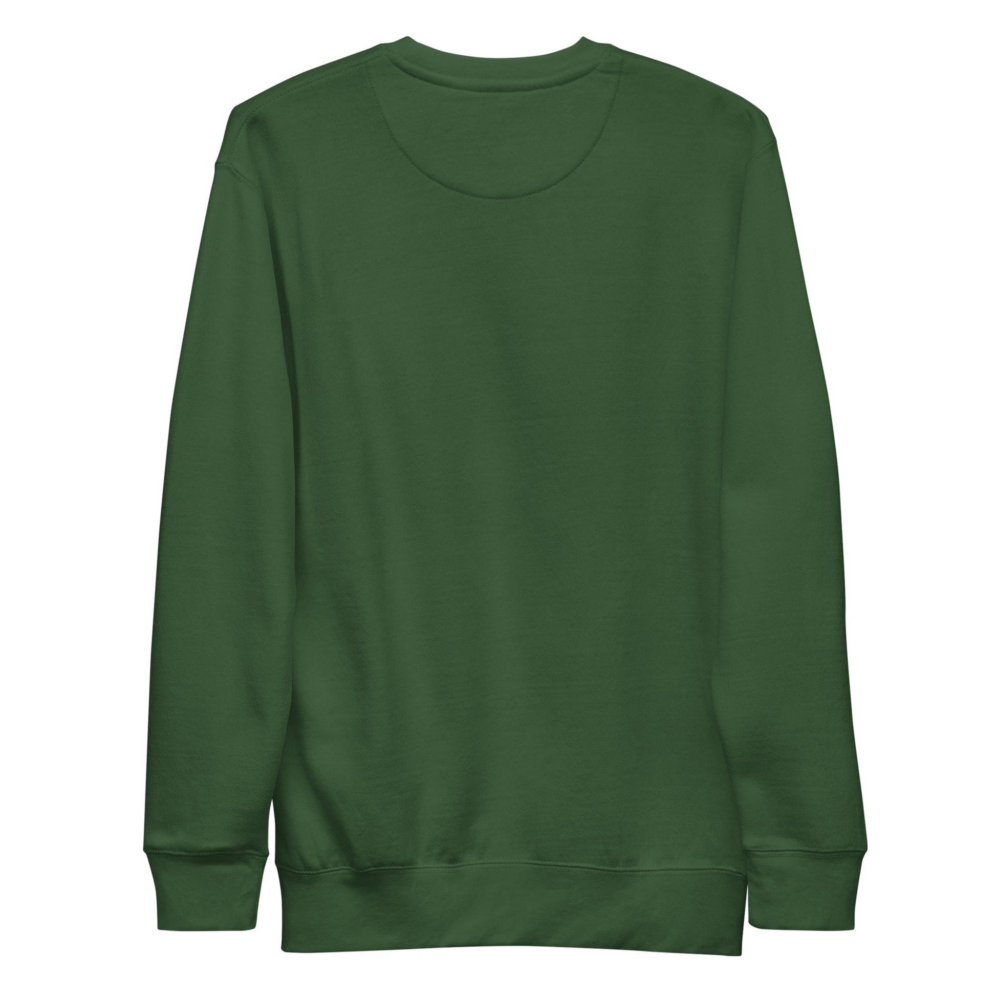 Green unisex premium sweatshirt with ribbed crew neck and cuffs, featuring Long Horn Skull embroidered design.