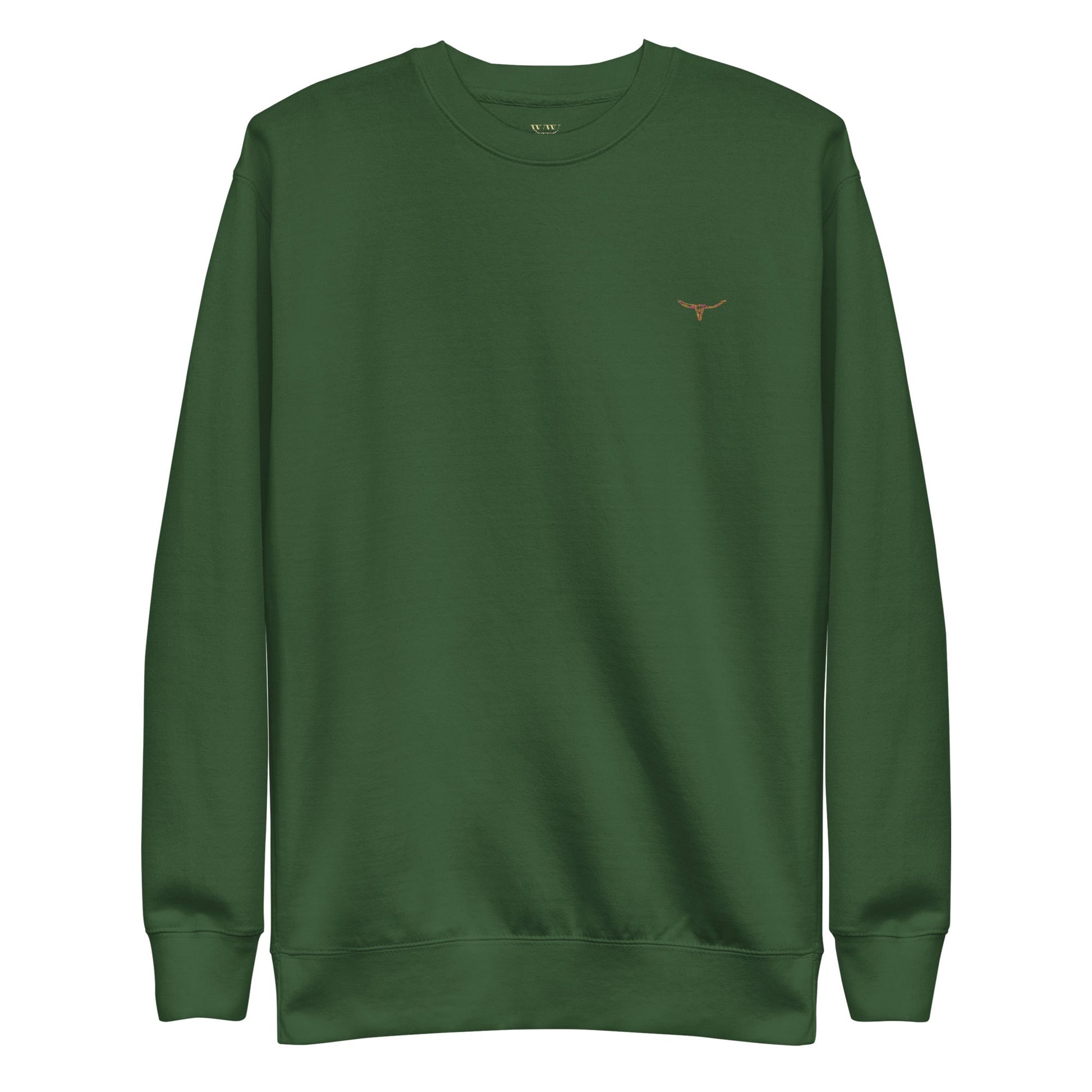 Green unisex premium sweatshirt with long horn skull embroidered design, ribbed crew neck and cuffs, soft fleece interior.