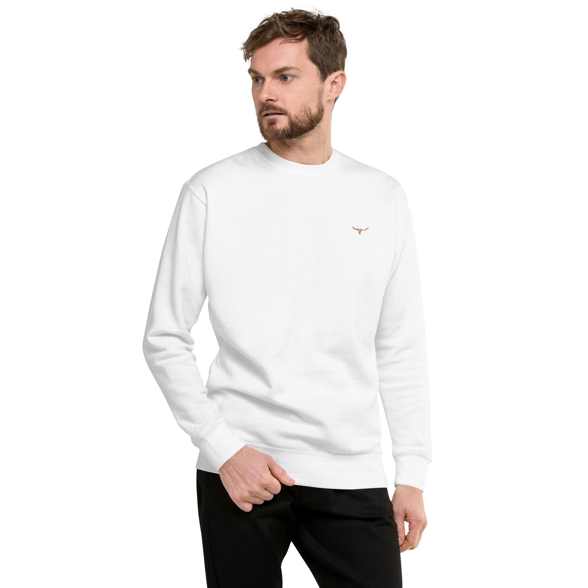 Unisex white sweatshirt with long horn skull embroidered on chest, ribbed crew neck and cuffs, soft fleece interior, casual fit